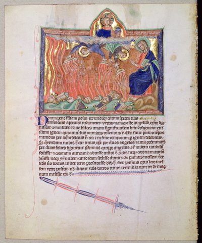 Ms LA 139-Lisboa fol.47vゴールデンボウル、グルベンキアの黙示録からの地球に注ぐ神の怒り、c.1265-70 作： English School